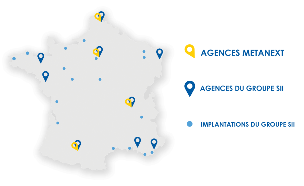Carte de France avec les implantations de Metanext et du groupe SII